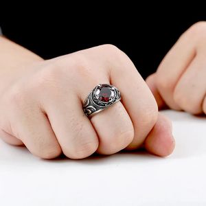 Ring Vintage Blau/rot/schwarze Steinringe für Männer Frauen Punk Rock 14K Weißgold Carving Ring Mode Amulett Schmuck Geschenk