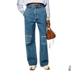 Kvinnors jeans designer ankomster hög midja ihålig lapp broderad logotyp dekoration avslappnad blå rak denim byxor droppe ot2we