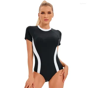 Women's Swimwear Plus Size XXXL Surfing Bodysuit Black Bathing Suits For Womens Surf Swimsuit One Piece Suit With Short Sleeve