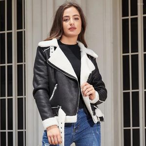 Women's Leather Faux Short Coats Women Turn Down Collar Zipper Slim Fit Regular Coat Belt Thick Full Sleeve Jackets Autumn Winter