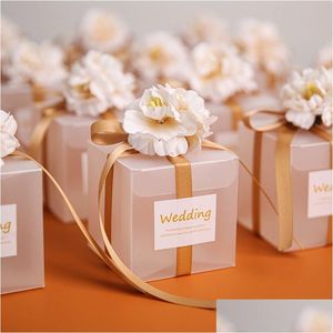 Present Wrap Transparent Clear Candy Box med konstgjorda blommor Ribbon Wedding Souvenirs för gäster Matte Dragees Chocolate Dop Drop Dh7nr