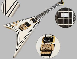 Beste linke E -Gitarre Pure White mit schwarzen Streifen Ebenholz Fingerplatte mit goldenen Teilen HH PICKU 2588 eingelegt