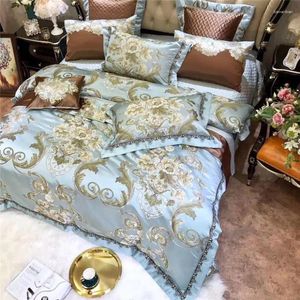 Bedding Sets 42 Premium Jacquard Floral Set Luxury Blue Satin Like Silk And Cotton Duvet Cover Flat Sheet Bedspread Pillow Shams