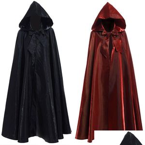 Tema kostym halloween fest cosplay kvinna män adt lång hjälte trolldom robe hood cloak satin röd medeltida 221026 drop leverans app otrl7