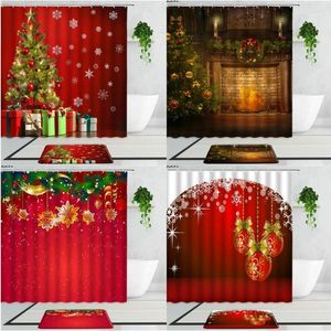 Shower Curtains Snowflake Fireplace Christmas Red Fabric Printed Holiday Decor Background Bathroom Curtain Set Bath Mats Carpet