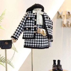 2021 Autumn New Arrival Fashion Houndstooth 2 Pieces Suit Coat Skirt Kids Tweed Sets Girls Clothes