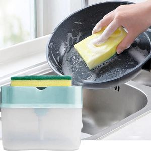 Liquid Soap Dispenser Portable Detergent Set For Kitchen Dish Box With Sponge Holder Hand Press Dispensing Tools Gadgets