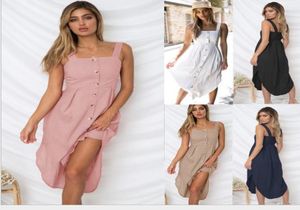 Womens Holiday Strappy Button Dress Ladies Sexy Casual Summer Beach Midi Sun Dress Plus Size five colors sell9331105