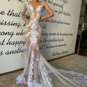 Charming Lace See Through Wedding Dresses Illusion Long Sleeve Mermaid Sweep Train Bridal Gowns Zipper Back Sexy Vestidos 0530