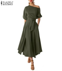 Stylish Solid Party Dress Women039S Summer Sundress 2021 Zanzea Casual Long Puff Sleeve Maxi Vestidos Female Belted Robe Overi4654623