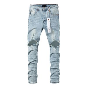 Lila varumärke jeans amerikanska high street lila designer jeans män retro tvätt trender nödställda lapp graffiti smal fit hål hål casual jean mode hip jeans 60721