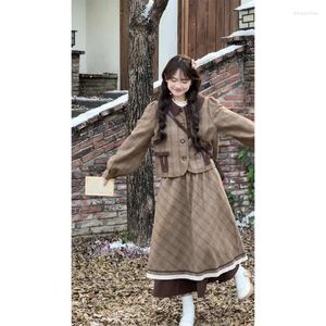 Work Dresses Retro College Plaid Jacket A-line Skirt Two-piece Set Women Fashion Bow Lace Splice Doll Neck Sweet Slim Temperament Spring