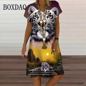 Basic lässige Kleider lässige Frauen Lose A-Line-Kleider Lady Fashion Party Kleid Sommer gegen Hals Tiger bedrucktes kurzes Slve Midi Kleid Plus Größe Kleidung Y240504