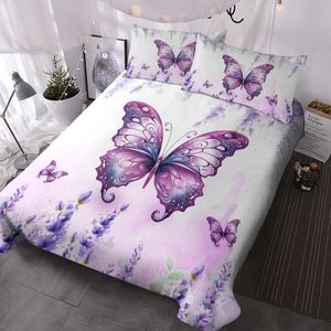 Purple Vintage Butterfly Bedding Set 3 Pieces Lavender Print Pattern Comforter Cover Rustic Flowers Bedspread Cover 240524