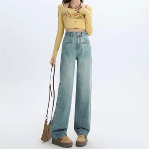 Jeans rak hög midja gren som täcker bantning ut våren 2024 American High midja smal version draperade vita jeans för Wome