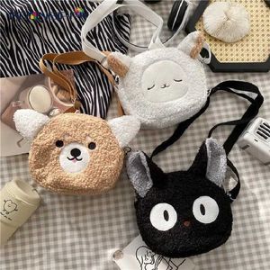 Mochilas de pelúcia de gato preto corgi recheado desenho animado animal kaii saco de estilo japonês cross cross small telefone celular bolsa de dinheiro presente para crianças e meninas