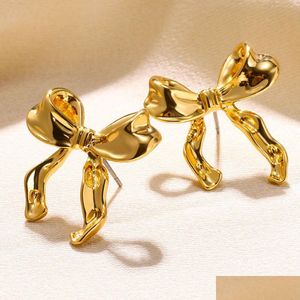 Stud Gold Color Earrings For Women Bow Nail Earring Fashion Cute Jewelry Piercing Ear Accessories Christmas Gift Aretes Drop Delivery Dhrgt