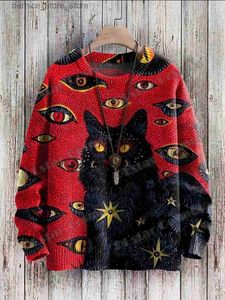 Herrtröjor Retro Black Cat Eyes Art Mönster 3D Tryckt Mens Crewneck Sticke Pullover Winter Unisex Casual Knit Pullover Sweater ZZM46 Q240530