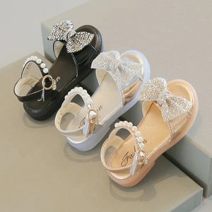 Baywell Children Girls Sandals Sequins Sandals Sweet Bow Rhinestone Pearls Princess Shoes Fashion Non-slip Flat Kids Sandals 240524