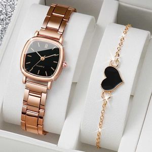 Wristwatches 2PCS/Set Womens Fashion Stainless Steel Quartz and Love Heart Q240529