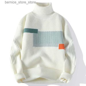 Men's Sweaters Autumn Winter Fashion Turtleneck Sweater Men Patchwork Knit Pullovers Korean Casual Sweaters Loose Mens Warm Pullover Knitwear Q240530