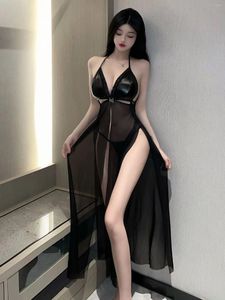 Lässige Kleider sexy Dessous hohe Schlitz elegant langen Kleid locker sitzend hängende Halsstil schwarze Spitze Tiefes V-Ausschnitt Imperial Schwester Av98