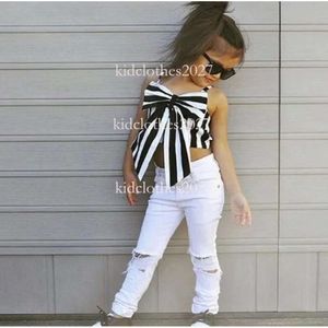 Summer Set Striped Bow Ribbon Tops + White Hole Pants Two Piece Outfits Children Baby Clothing Sets Toddler Girls Clothes 2-7T