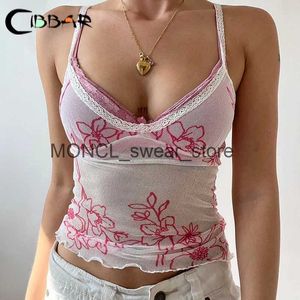 Kadın Tankları Seksi Şeffaf Mesh Y2K Retro Çiçek Baskı Slveless Dantel Kayış Mahsul Üstü Kadınlar Günlük Yaz Ts Harajuku H240530