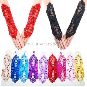 New Elegant Lace Bridal Bride Long Gloves Stretchy Adult Size Evening Party Costume Prom Crystal Sequins Hook Finger Gloves
