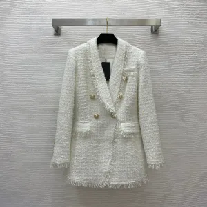 Blazer White Tweed Tassel Blazer |Cappotto di tessitura sottile per le donne
