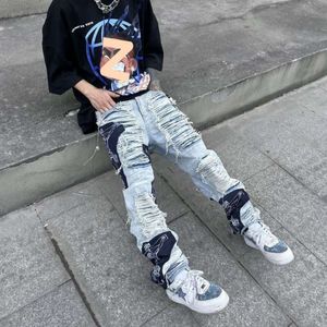China-Chic High Street Washable Knife Cutting Damaged Patch Hole Splicing Jeans Män och kvinnor Hip Hop Straight Tube Loose Begar Pants