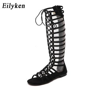 Eilyke High Quality Soft Leather Women Sandals Strappy Open Toe Knee Summer Gladiator Flat Sandals Roman Bandage Casual Boots 240530