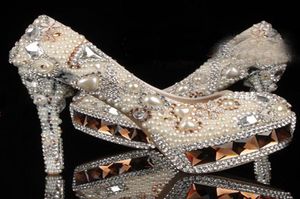Vit elfenben kristall och pärla rund tå brud bröllopskor diamant hög klack kvinnor klänning skor underbara mode lady party skor2197847