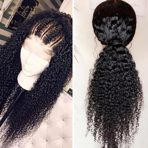 Kinky curly 360 spets frontala brasiliansk peruk för svarta kvinnor lösa lockiga gluelösa syntetiska spetsar front peruk med babyhår blanch knut