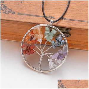 Pendant Necklaces Round Tree Of Life Necklace Natural Stone Pendum Gold Sier 7 Chakra Crystal Quartz Reiki Healing Jewelry With Black Dhma5