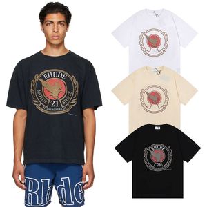 T-shirt de moda de nicho de Los Angeles Design Rhude com roupas de casal de homens e mulheres impressos de grandes dimensões como base