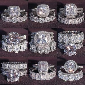 Pierścienie Prawdziwe szterling Sier Pierścienie Owalne Księżniczka Cut Pierścionek Wedding Zestaw dla kobiet Zespół zaręczynowy Eternity Jewelry Zirconia R4975 P0818