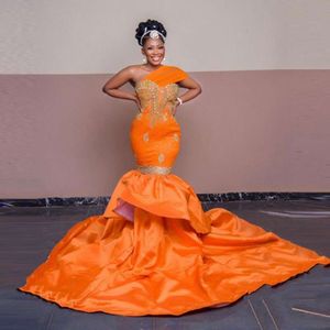 Aso Ebi Orange Mermaid Prom Dresses 2022 One Shoulder Satin Sweep Train Evening Gowns Saudi Atabia Party Dress Custom Made 0530