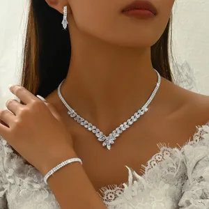 Wedding Jewelry Set for Women, Floral Necklace Dangle Earrings Bracelet Adjustable Ring Set, Cubic Zirconia Elegance Prom Party
