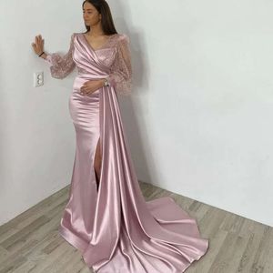 Satin Summer Prom Dresses A Line Floor Length High Split Evening Dress Elegant V-Neck Lace Sequined Saudi Arabia Women's Formal 0530