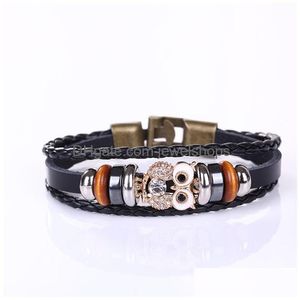 Charm Bracelets Owl Crystal Charms Bracelet Jewelry Genuine Leather Mtilayer Women Fashion Animal Alloy Beads Black Wrap For Drop Del Dhivq