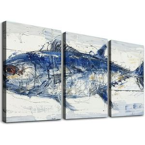 Coastal Wall Art, Indigo Fish Bathroom Artwork Big Ocean Sea Painting Tuna Canvas Prints Nautical Toilet Pictures Tuna Art Framed Prints Ready to Hang 12''x16''X3 Panels