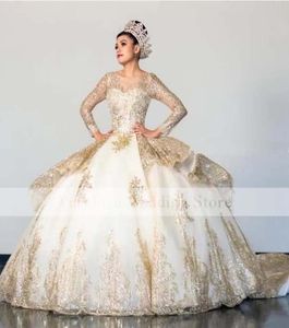 シャンパンQuinceanera Dresses Ball Gown Scoop長袖アップリケレーススパンコールガールスウィート16パーティードレス3344029