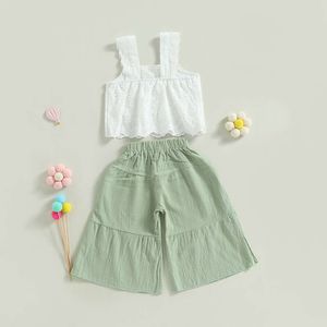 2-8 lears Dzieci Baby Summer strój stały kolor bez rękawów koronkowe bluzki i elastyczne swobodne spodnie z szerokimi nogawkami