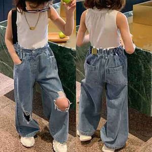 CEL New Autumn Kids Jeans Girls High Waisted Wide Leg Pants Children Ripped Trousers L2405