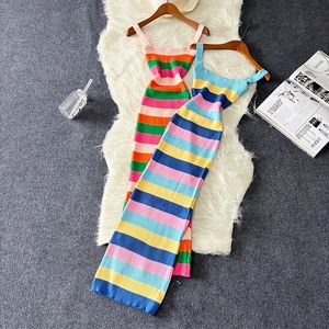 Chic Elastic Sexy Wrap Hips Maxi Long Dress Women Y2K Rainbow Knitted Bodycon Summer Dress Streetwear Ladies Outfits Sundress 240506 240529