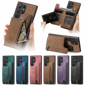 S24 Card Pocket Pack Wallet Leather Cases for Samsung S23 Ultra Plus Fe S22 A55 M15 A04E A05 A05S Magnet Car Bracket Zipper Cash Card Card Cover Back Cover