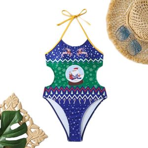 Women's Swimwear 2024 Christmas Santa Claus Print Halter Cut Out Bandage Swim Bathing Suit Monokini Brazilian Women One Piece Swimsuit