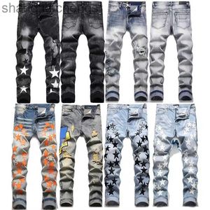 Amirirs högkvalitativa män jeans punk stil designer höst ny jeans för män med små fötter perforerade personlig stjärnhud broderade trendiga elastiska mensbyxor