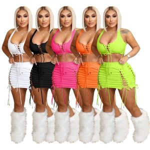 Dresses NEW Designer Summer Dress Sets Women Sleeveless Tank Top and Mini Skirt Two Piece Sets Sexy Bandage Outfits Solid Dress Suits Bulk